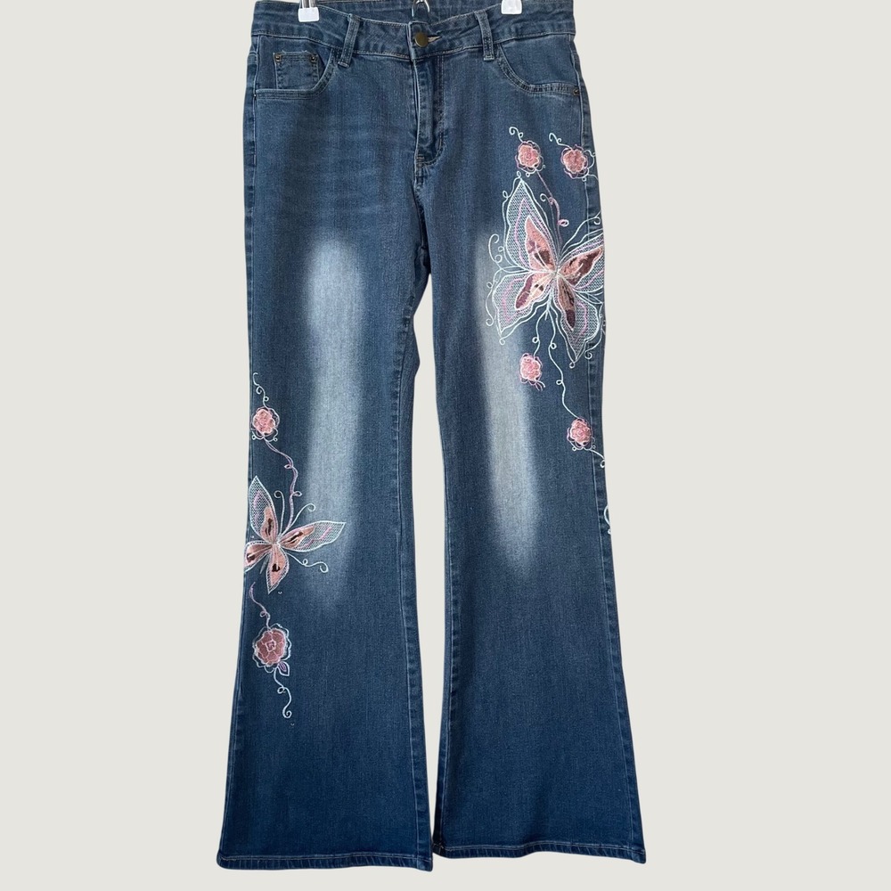Vintage Y2K Butterfly Embroidered Flare Jeans Fairycore McBling Size 6